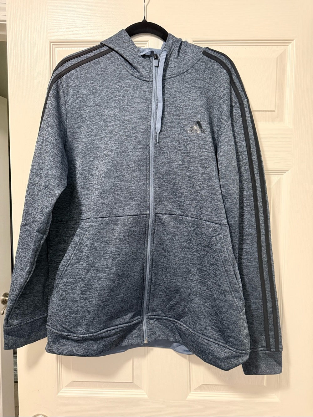 adidas Heathered Blue Full-Zip Hooded Sweatshirt with Black Stripes